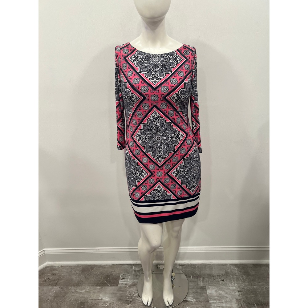 Vince Camuto Dress Womens Sheath Pink Geometric Medallion Print Dress Size 12